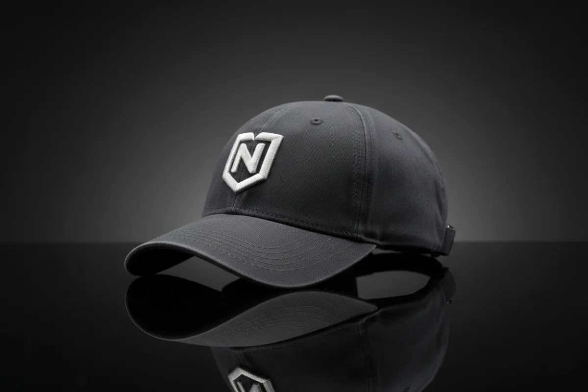 Adjustable NOVAID cap on a dark reflective surface, three-quarter angle showing embroidered front logo and strap, studio lighting for depth, photorealistic commercial product image