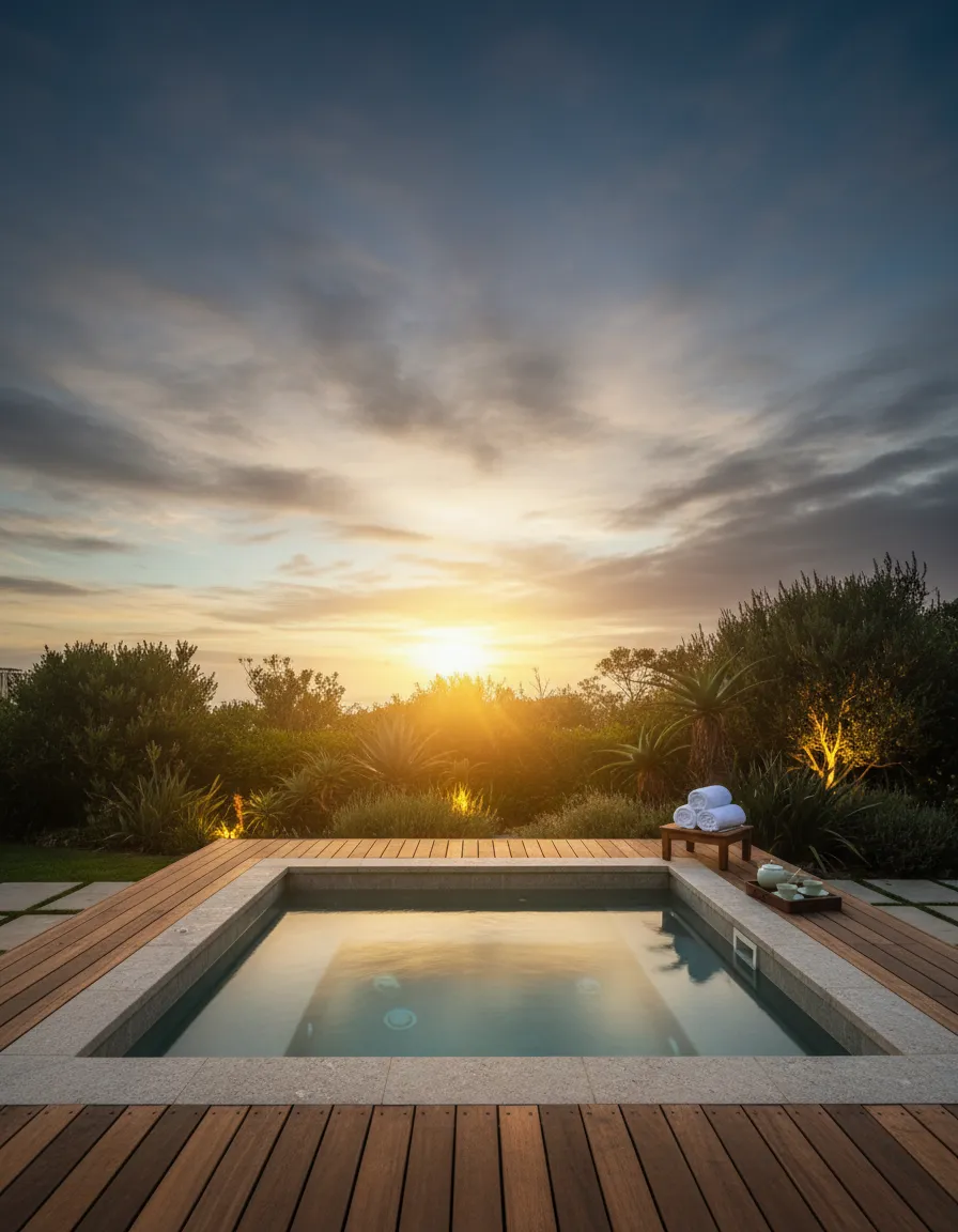 Warm golden lit outdoor spa