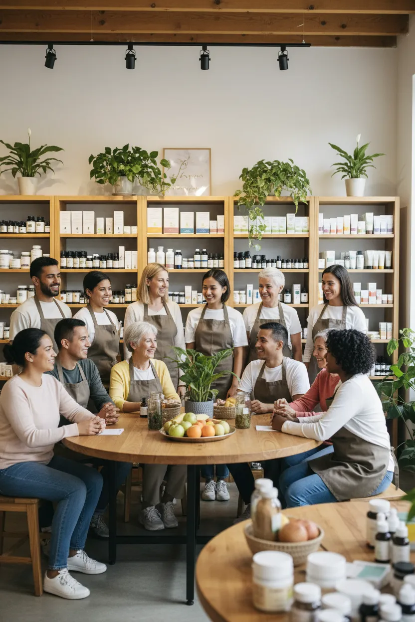 A diverse group of local community members of various ages and backgrounds gathered in a bright wellness store, smiling and engaging with staff. The setting is warm and inviting, with shelves of health products in the background, conveying a sense of community and trust.