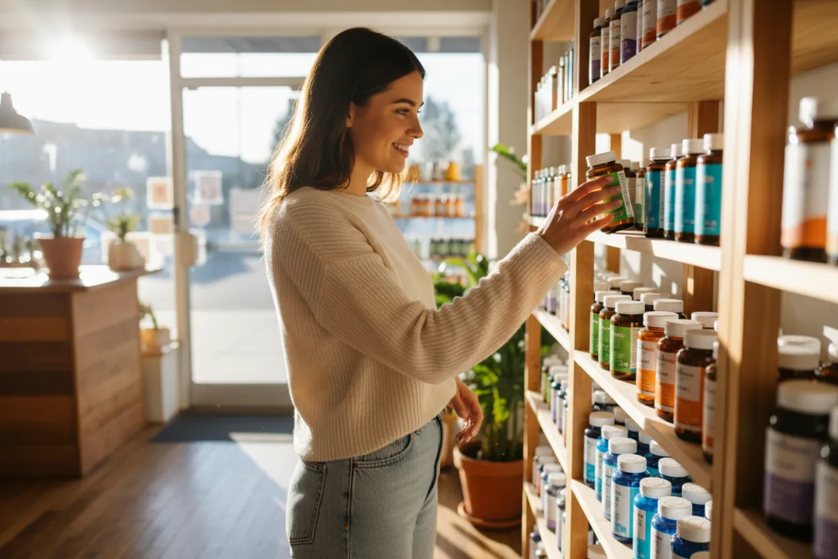 A cheerful young woman in casual attire is browsing vitamin products in a sunlit local shop, reaching for a bottle on a neatly arranged shelf. The scene is bright and welcoming, with natural light highlighting the colorful packaging and a friendly, approachable atmosphere.