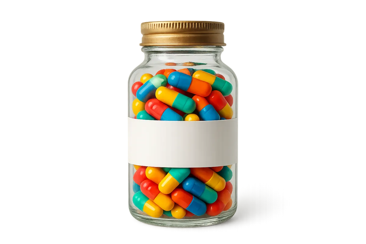 A single glass vitamin bottle filled with multicolored capsules, isolated on a transparent background.
