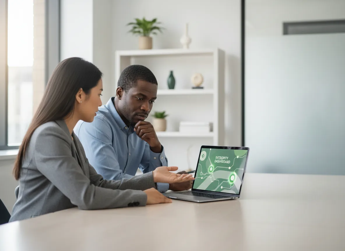 Life insurance agent reviewing a modern integrity dashboard with a client
