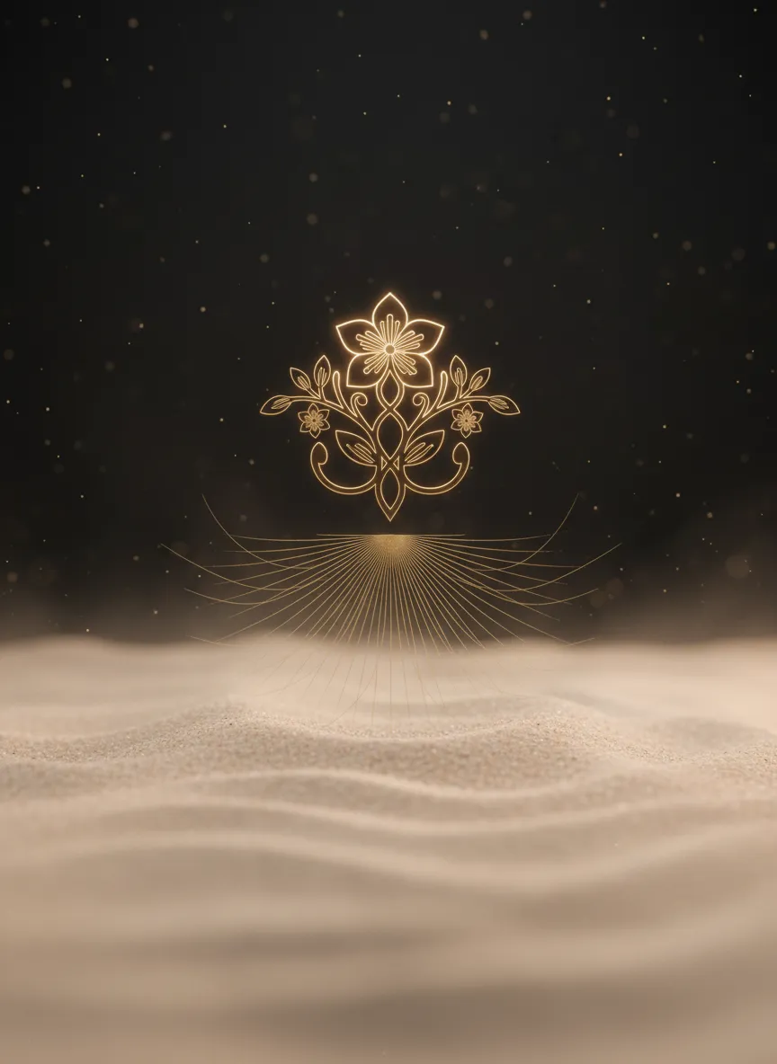 A delicate gold floral ornament and sacred geometry over soft sand ripples, editorial photography, minimal, warm cream and peach tones