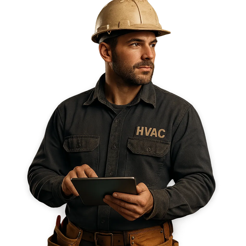 HVAC service technician on-site during after-hours emergency repair at twilight