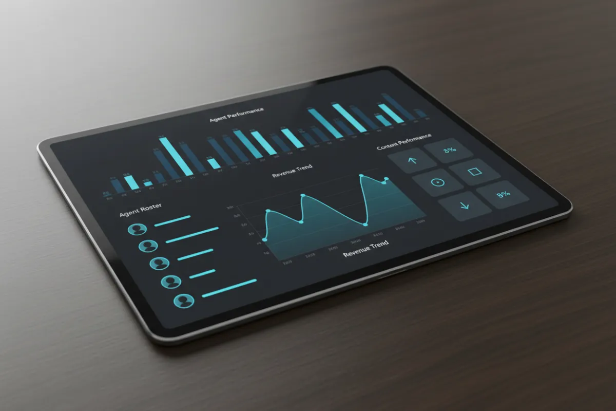 Aurora Agent dashboard screenshot showing analytics, charts, and performance tiles in a clean dark UI with cyan accents.
