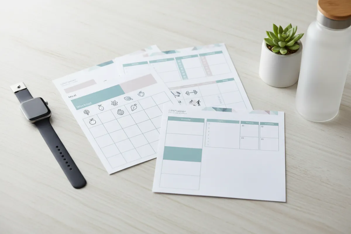 A flat-lay of printed LifePlanner templates spread on a wooden table with a smartwatch and water bottle, bright studio lighting, close-up of meal plans, workout charts, and weekly layouts; minimal photographic style, clean composition that highlights practical organization.
