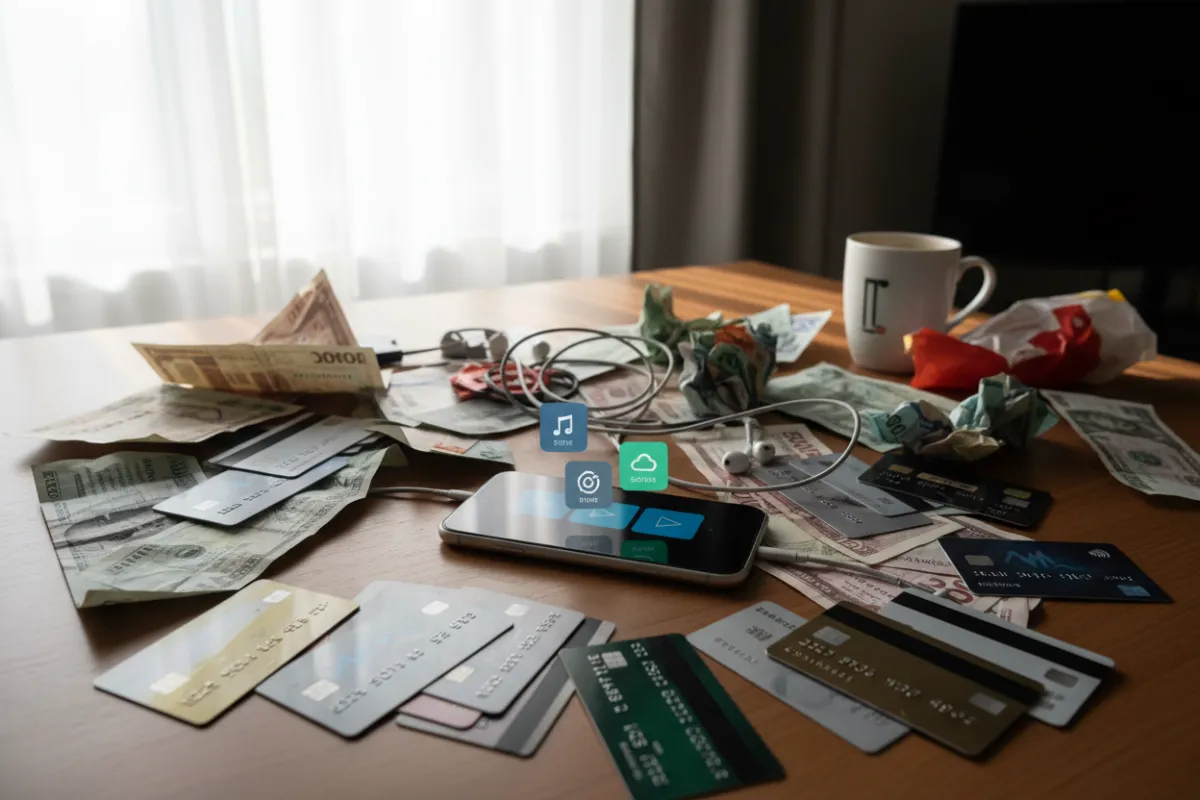 A cluttered desk with scattered paper bills, credit cards, and a smartphone showing multiple subscription notifications, symbolizing financial confusion and stress. The scene is bright but slightly chaotic, highlighting the problem.