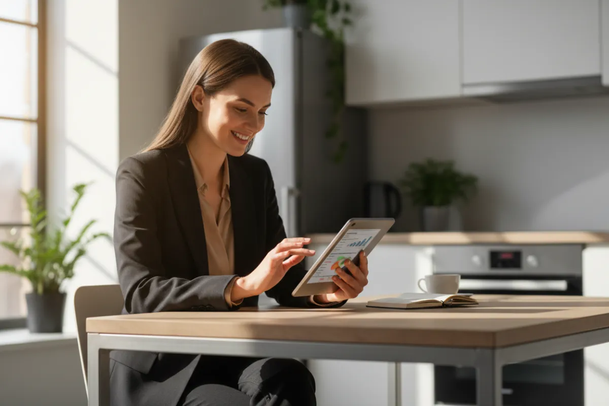 A young professional woman smiling while reviewing her finances on a tablet, sitting at a modern kitchen table with sunlight streaming in, representing confidence and control. The background is softly blurred, emphasizing her focus and satisfaction.