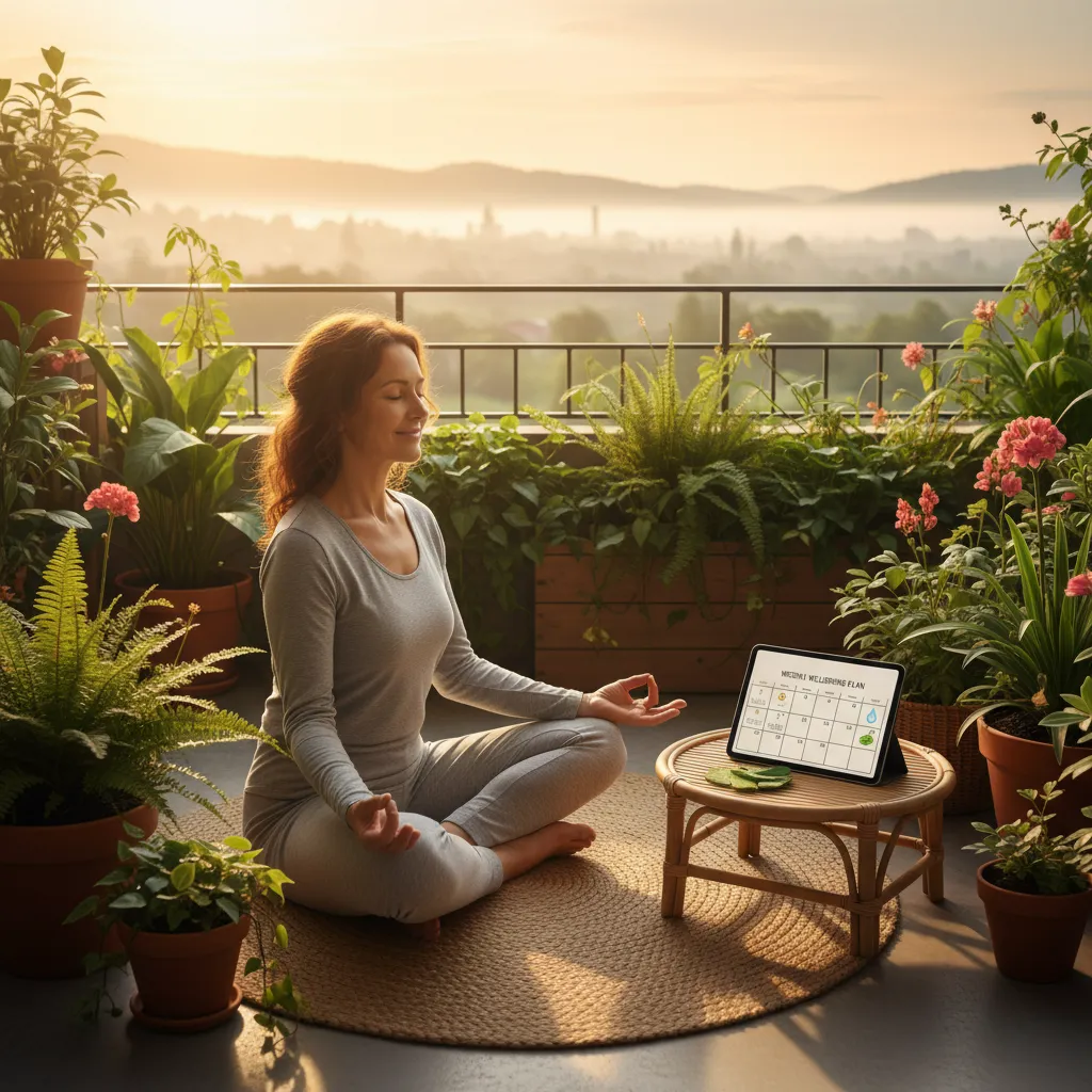 Portrait of Ellen S., senior woman practicing yoga on a balcony