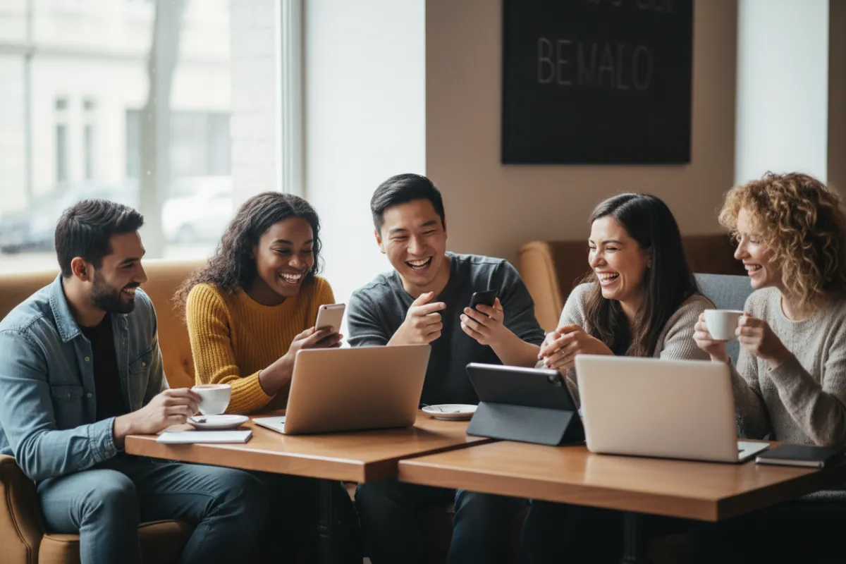 A diverse group of friends laughing together at a coffee shop, each using their phone or laptop, symbolizing financial confidence and community. The setting is warm and inviting, with natural light and relaxed energy.