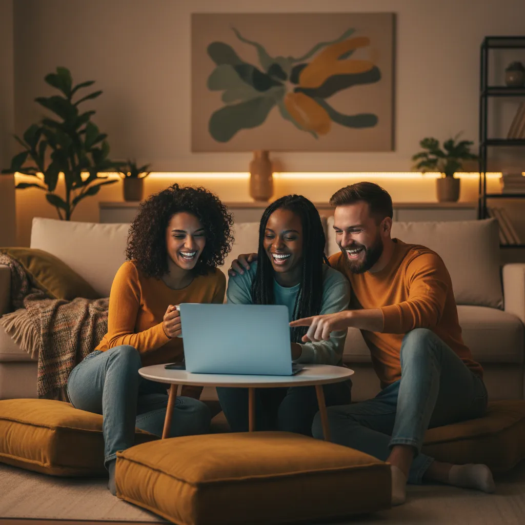 A diverse group of three friends, two women and one man, gather around a laptop in a cozy living room, laughing as they review their subscription savings. The scene is warm, with soft lighting and modern decor, highlighting shared success and community.