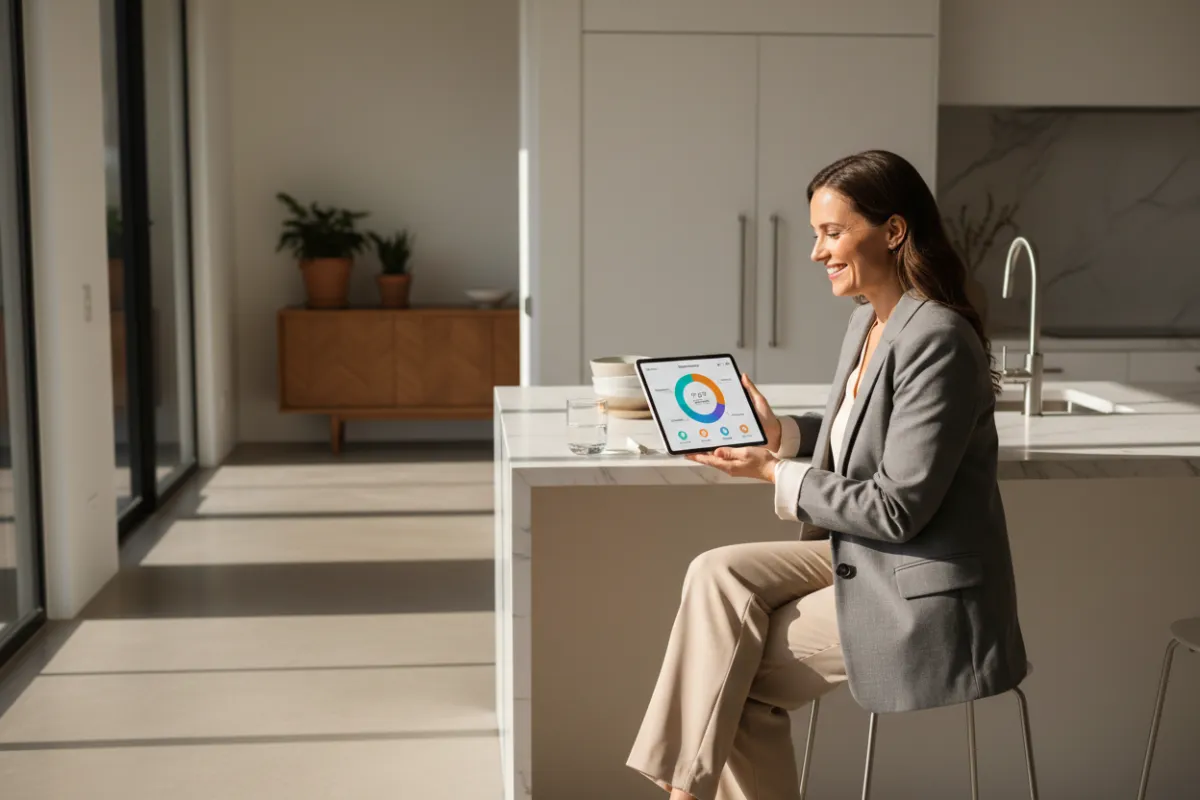 A young professional woman sits at a modern kitchen table, smiling as she reviews her tablet displaying a colorful dashboard of subscription services. Sunlight streams through a window, highlighting a tidy, contemporary home environment. The image conveys confidence, organization, and financial control.