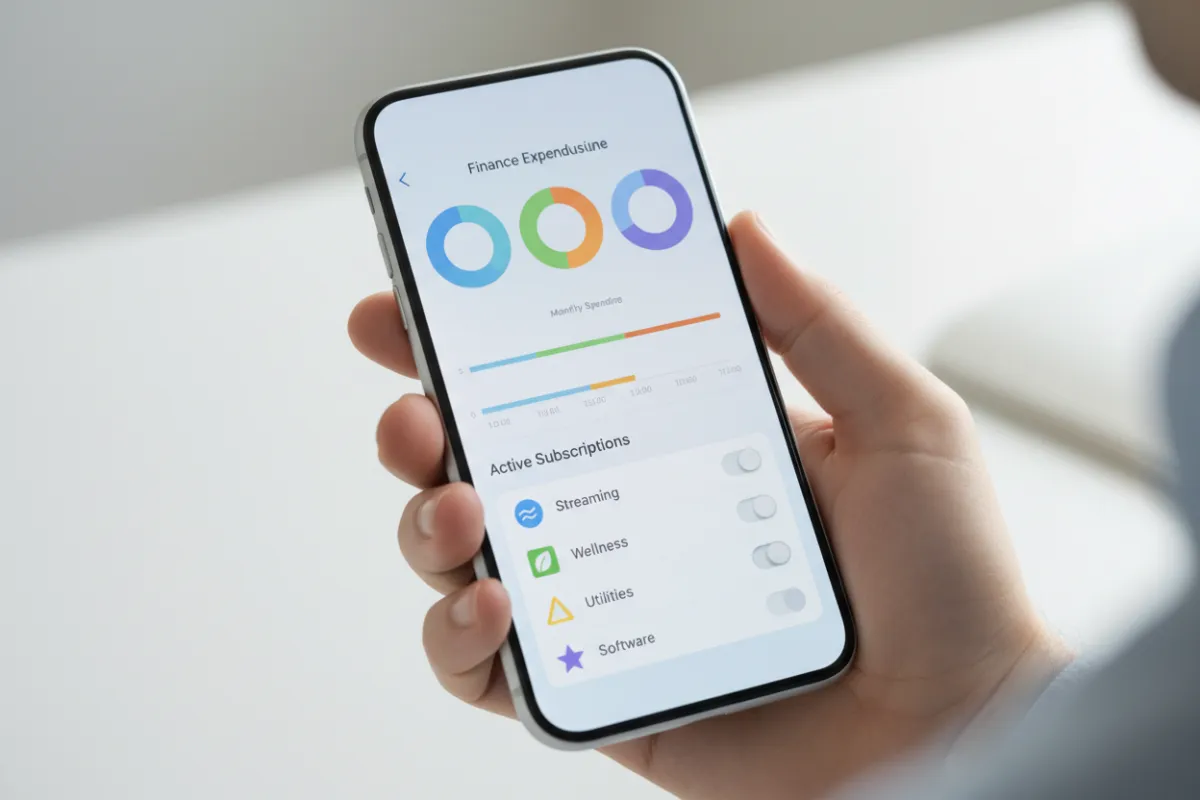 A close-up of a smartphone displaying a clean, intuitive finance management dashboard with colorful charts and a list of active subscriptions. The hand holding the phone is relaxed, conveying ease and simplicity.