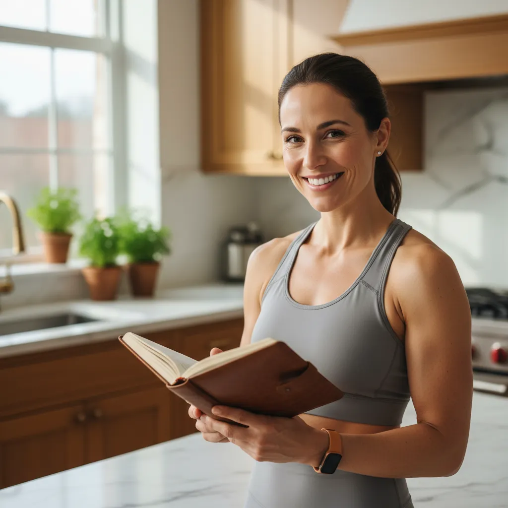 Portrait of Maya R., smiling woman holding a journal in a bright kitchen