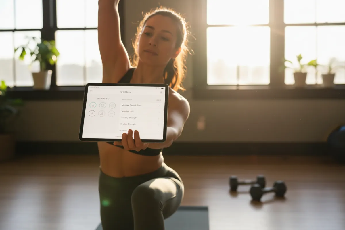 Person using LifePlanner on a tablet while doing a morning stretch in a sunlit home gym, with habit tracker and workout schedule visible.