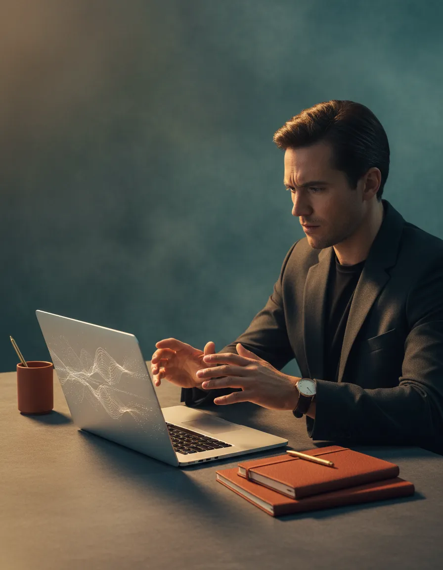 Frustrated professional editing AI generated content on laptop