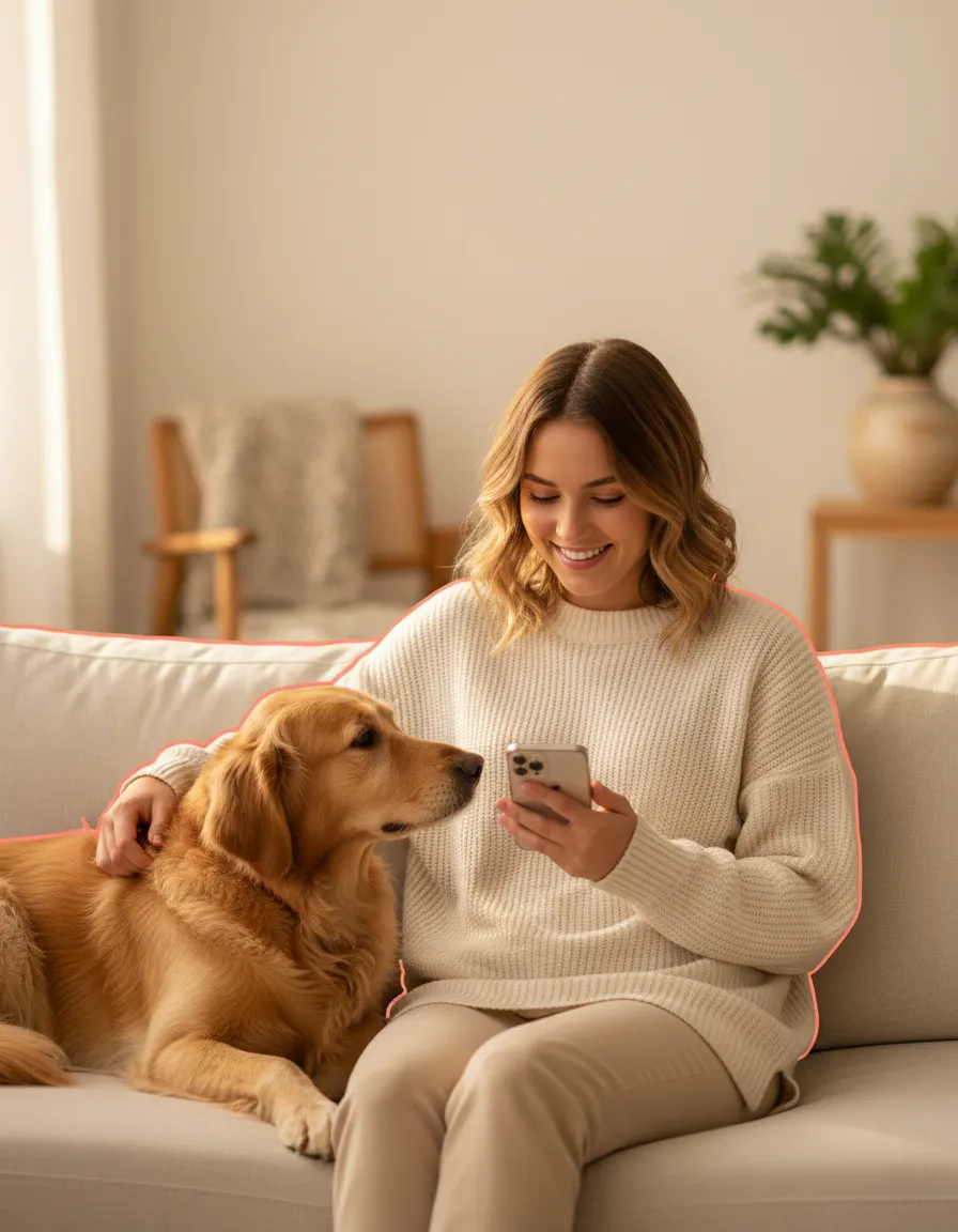 Pet owner playfully looking at phone with dog