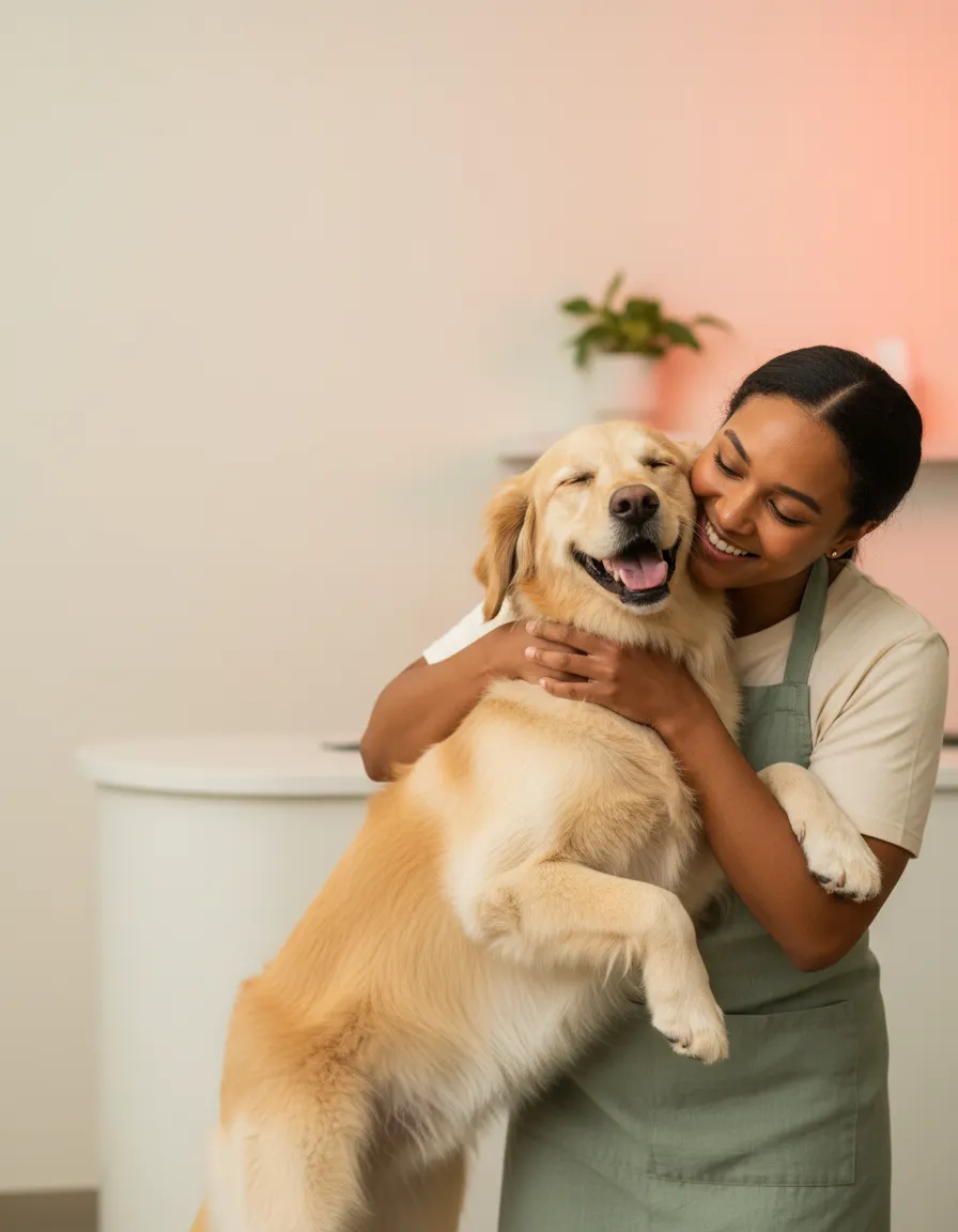 Warm smiling groomer interacting with a happy dog