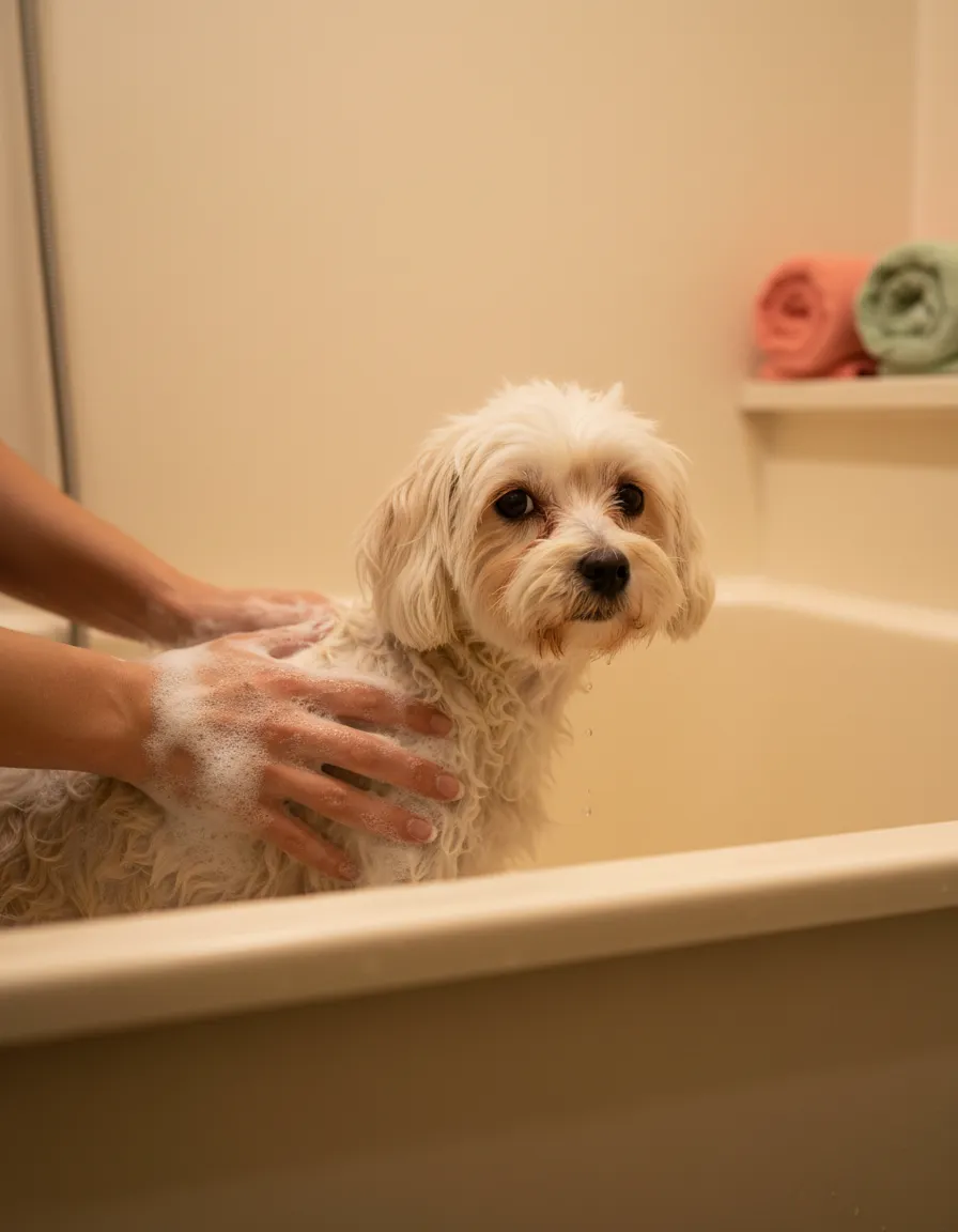 A groomer's soapy hands gently washing a calm dog in a tub