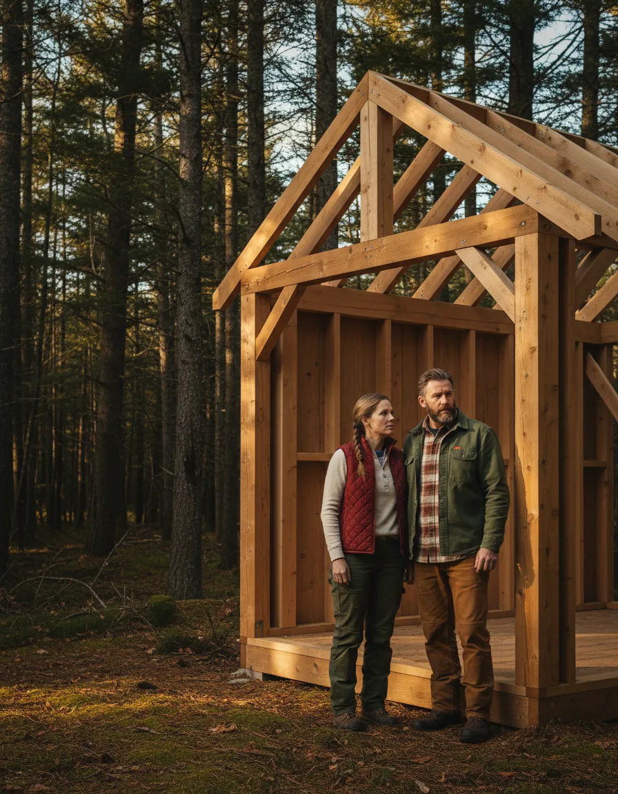 Scott and Melissa on site inspecting a custom shed build in Vermont