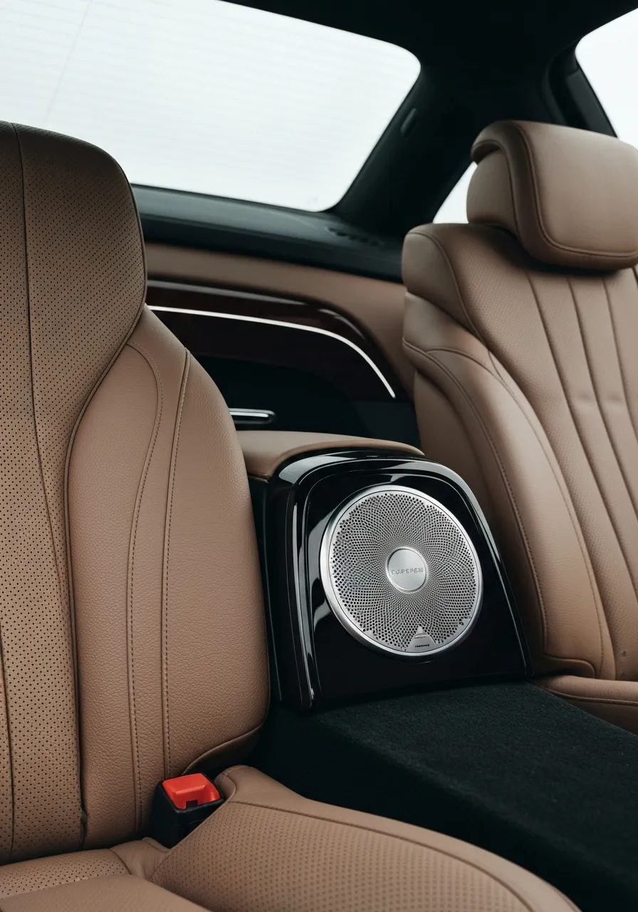 Close-up cinematic detail of Mercedes-Benz S-Class luxury interior and rear seating