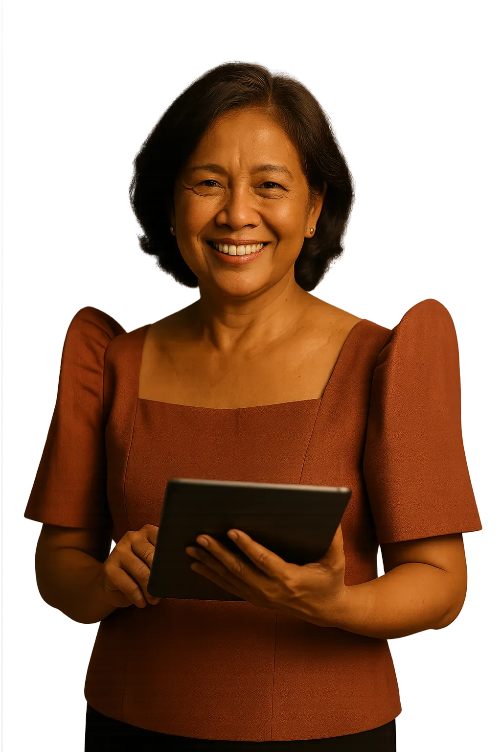 Smiling Filipina woman in her 50s comfortably and joyfully using a tablet in a bright home kitchen