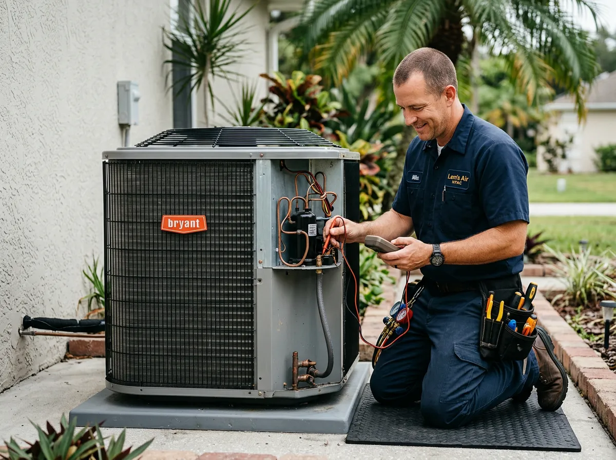 Lem's Air certified HVAC technician inspecting an exterior heat pump compressor unit