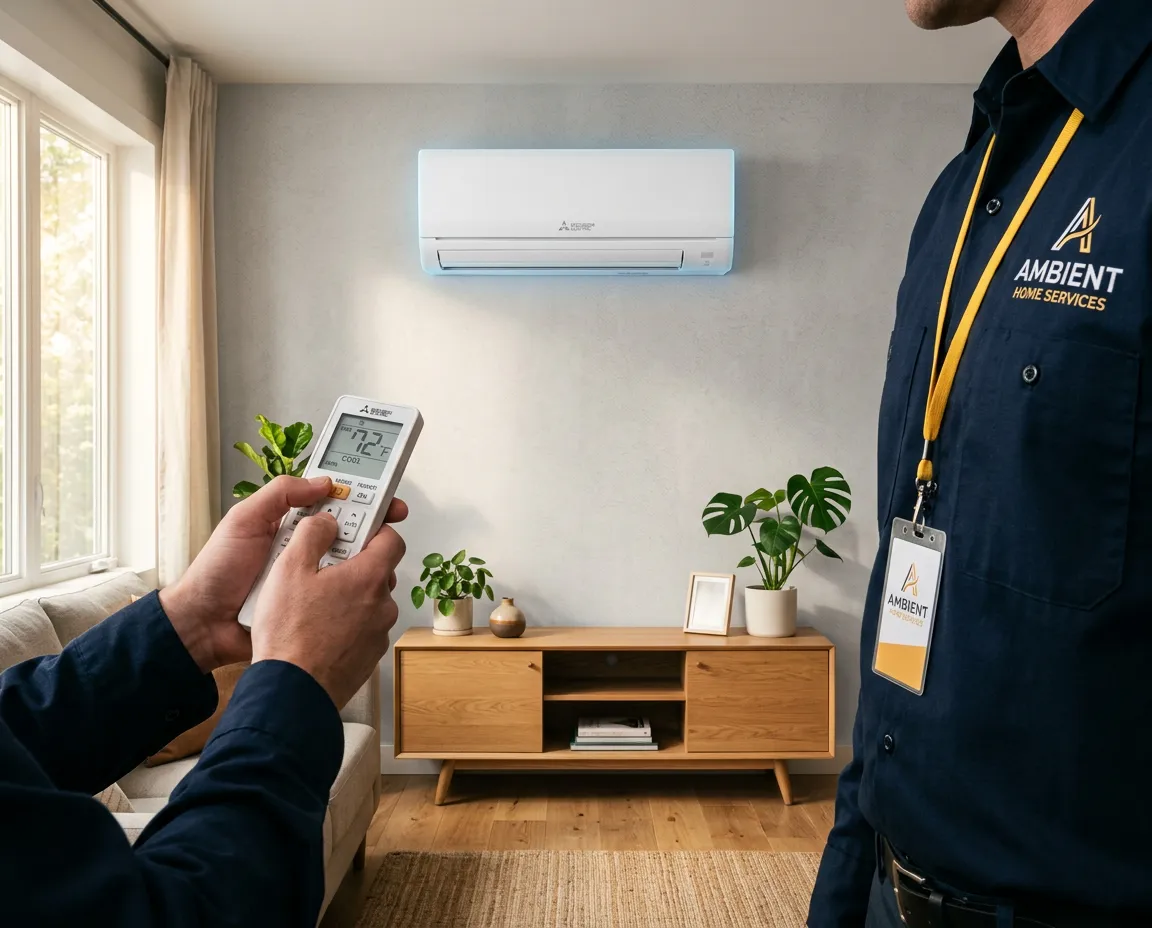 HVAC professional installing modern ductless mini-split wall mounted air conditioner unit inside Florida residence
