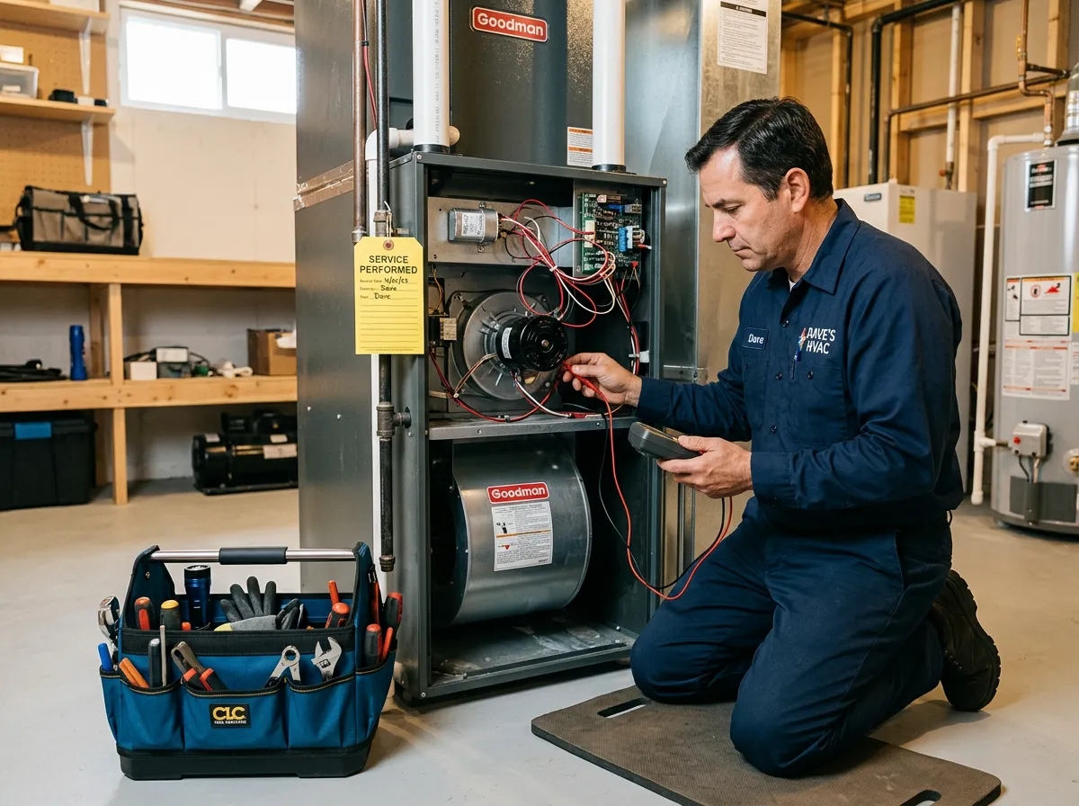 Professional HVAC specialist performing safe electrical and blower checks on a residential air handler furnace unit
