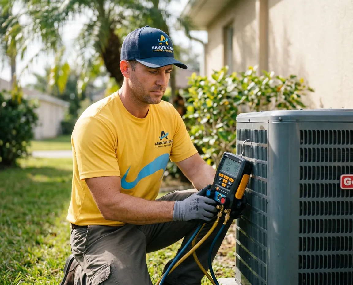 Licensed HVAC service technician testing central air conditioning condenser unit with electronic gauges in Florida