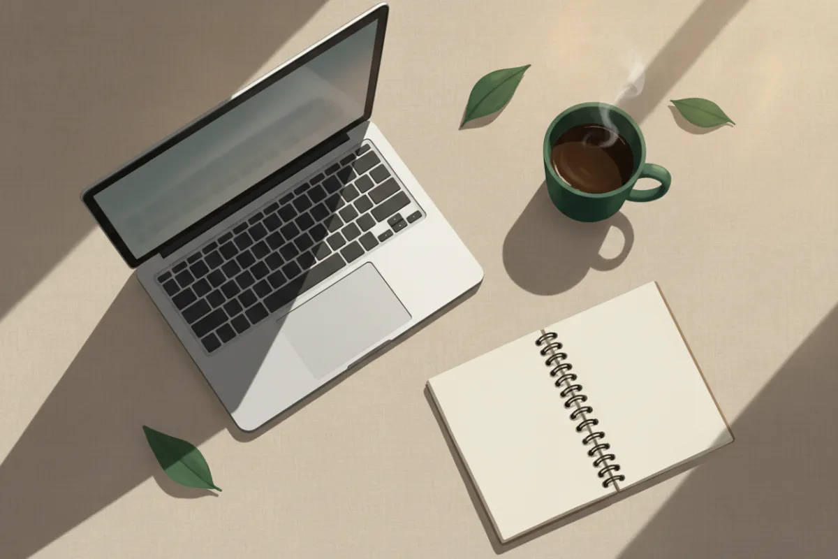 Laptop, notebook and a green coffee mug on a beige surface in warm natural light.