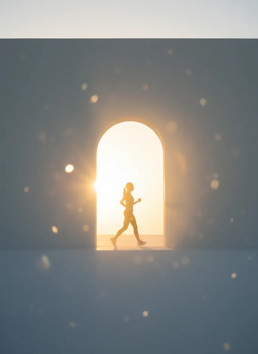 A solitary figure emerging into the light, symbolizing breaking free from past trauma.