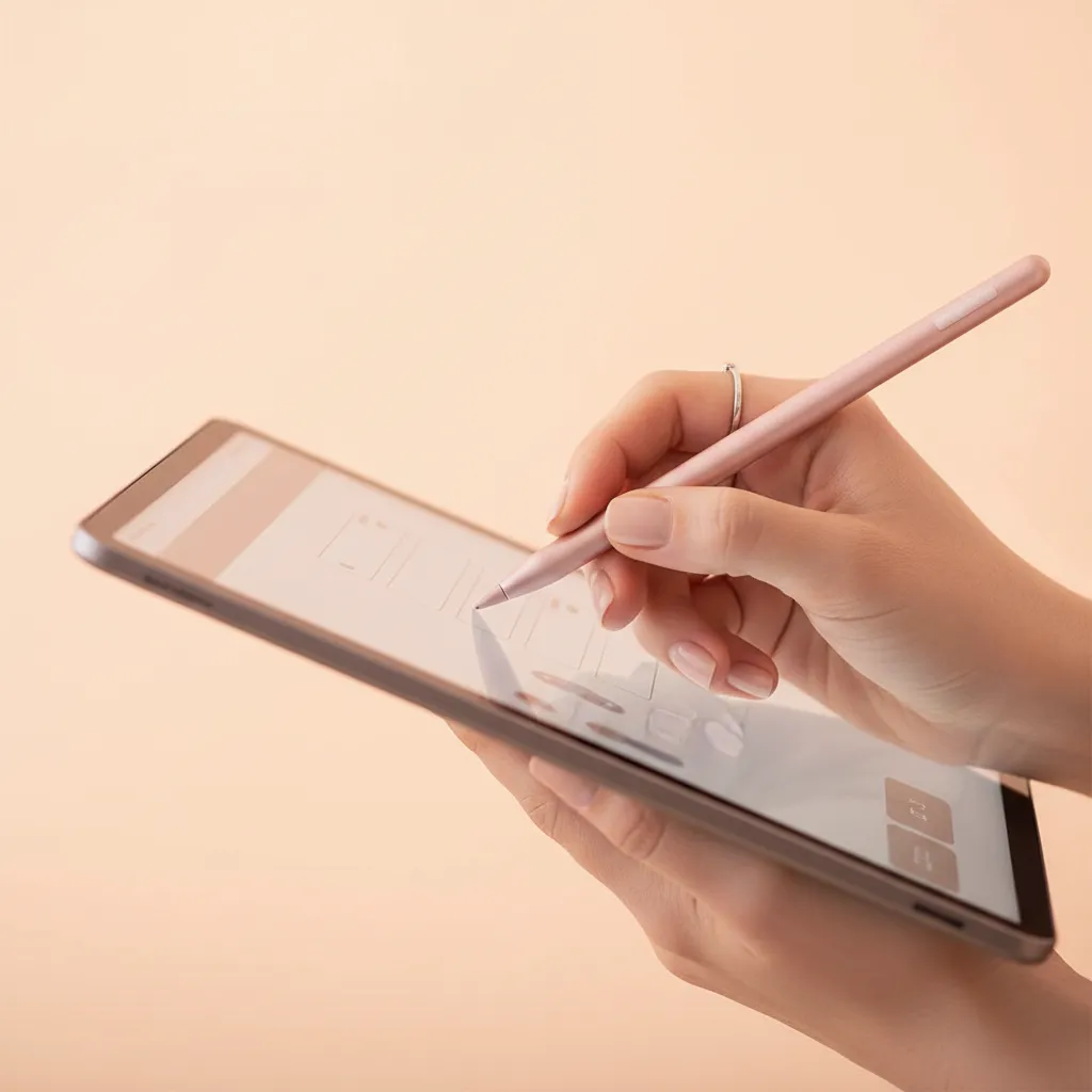 A close-up of a hand filling out a registration form on a tablet, with a soft peach background and a rose-colored stylus.