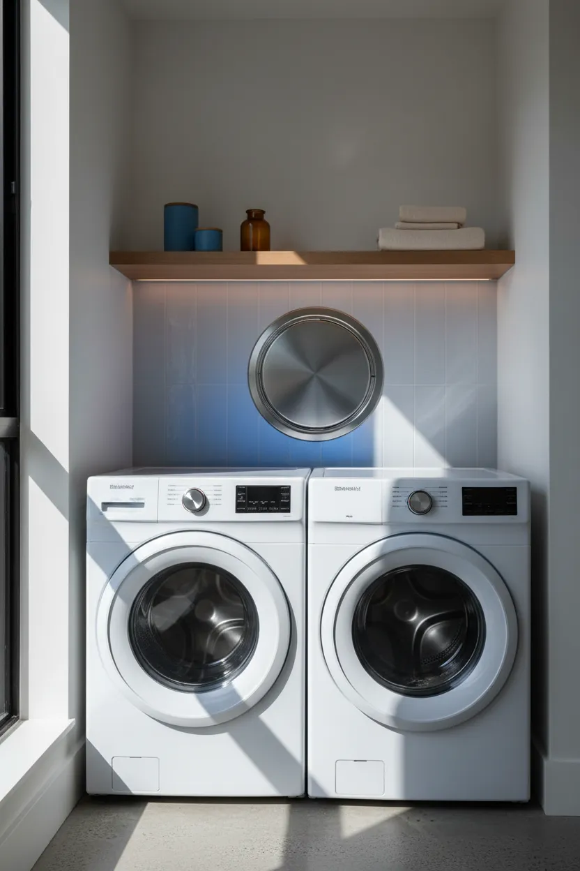 Pristine, clean laundry setup showing a professional dryer vent maintenance result in a Northern Utah home