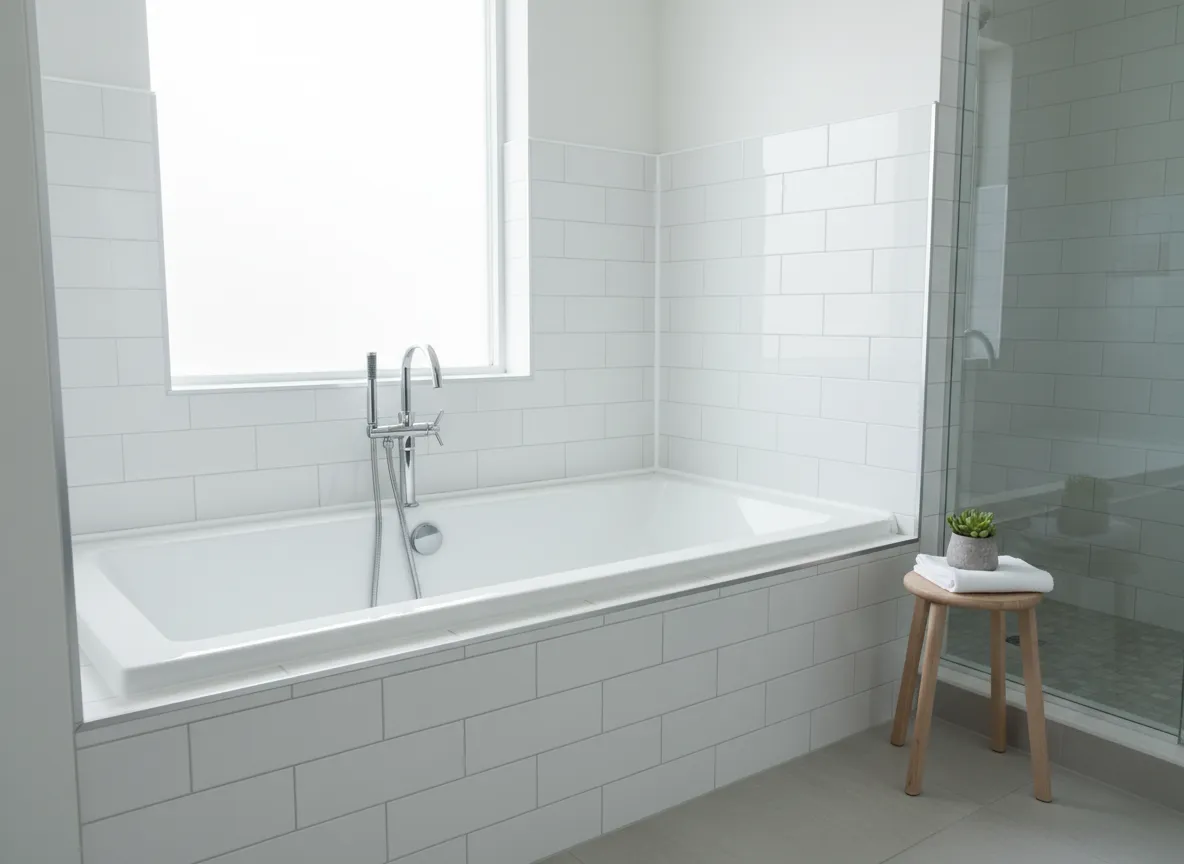 Freshly caulked bathtub and tile surround