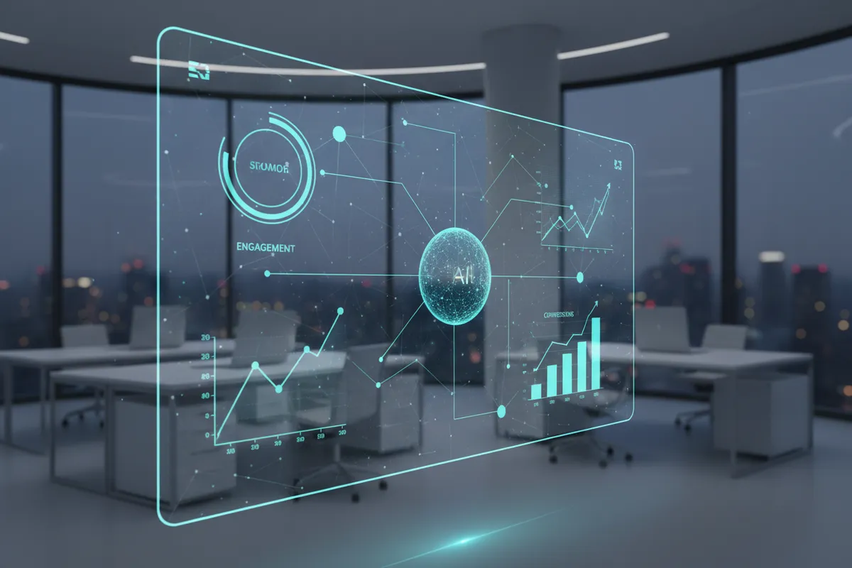 A vibrant AI interface displaying marketing analytics, with interconnected data points and charts. The setting is a sleek office, and the interface glows with blue and teal hues, symbolizing intelligence and clarity.