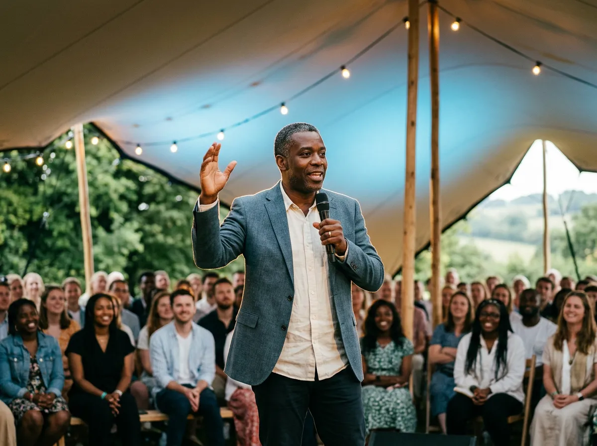 Engaging pastor teaching under outdoor canopy surrounded by captivated listeners holding bibles