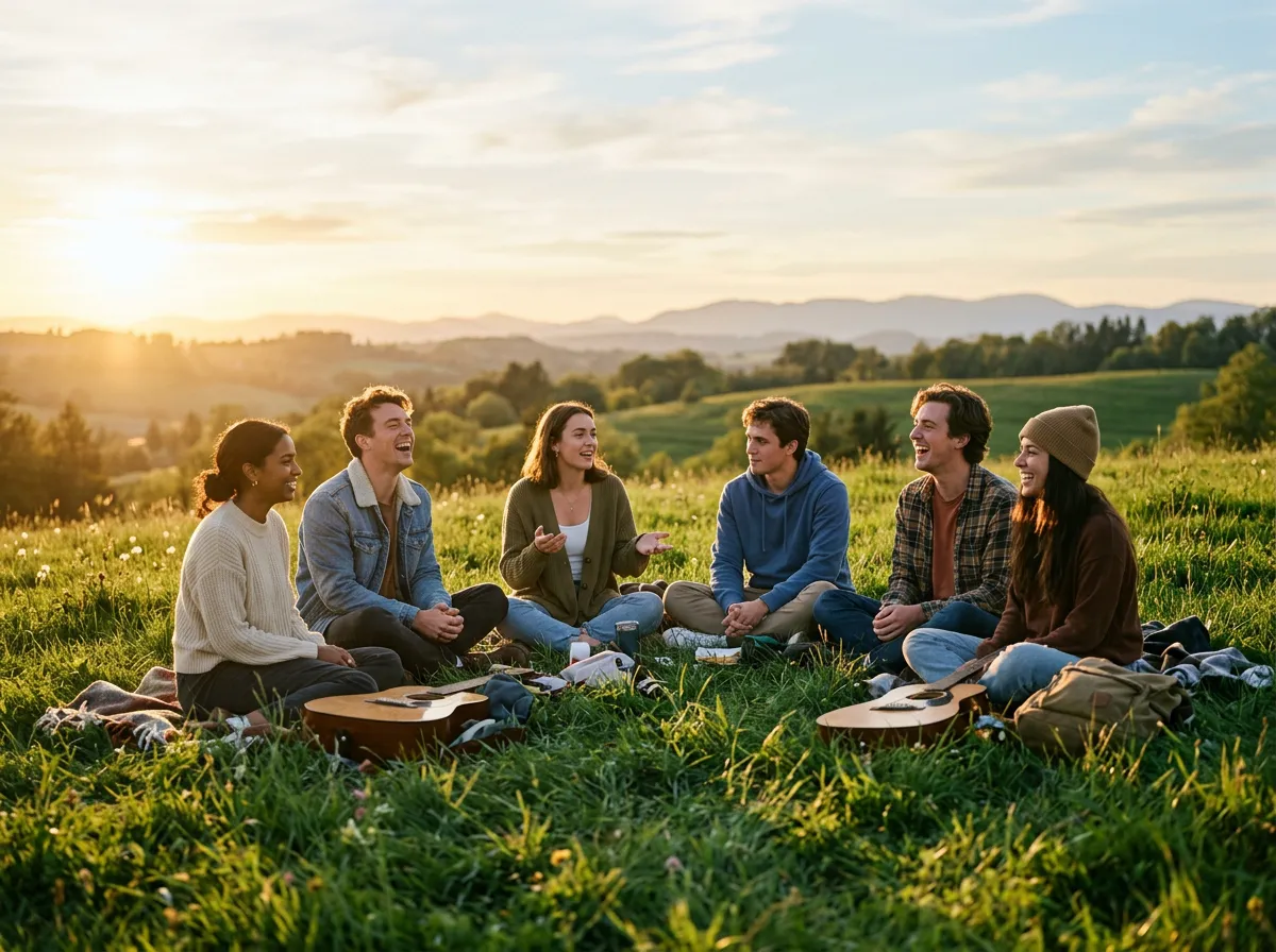 Sunlit circle of young people laughing and sharing stories around a camp banner
