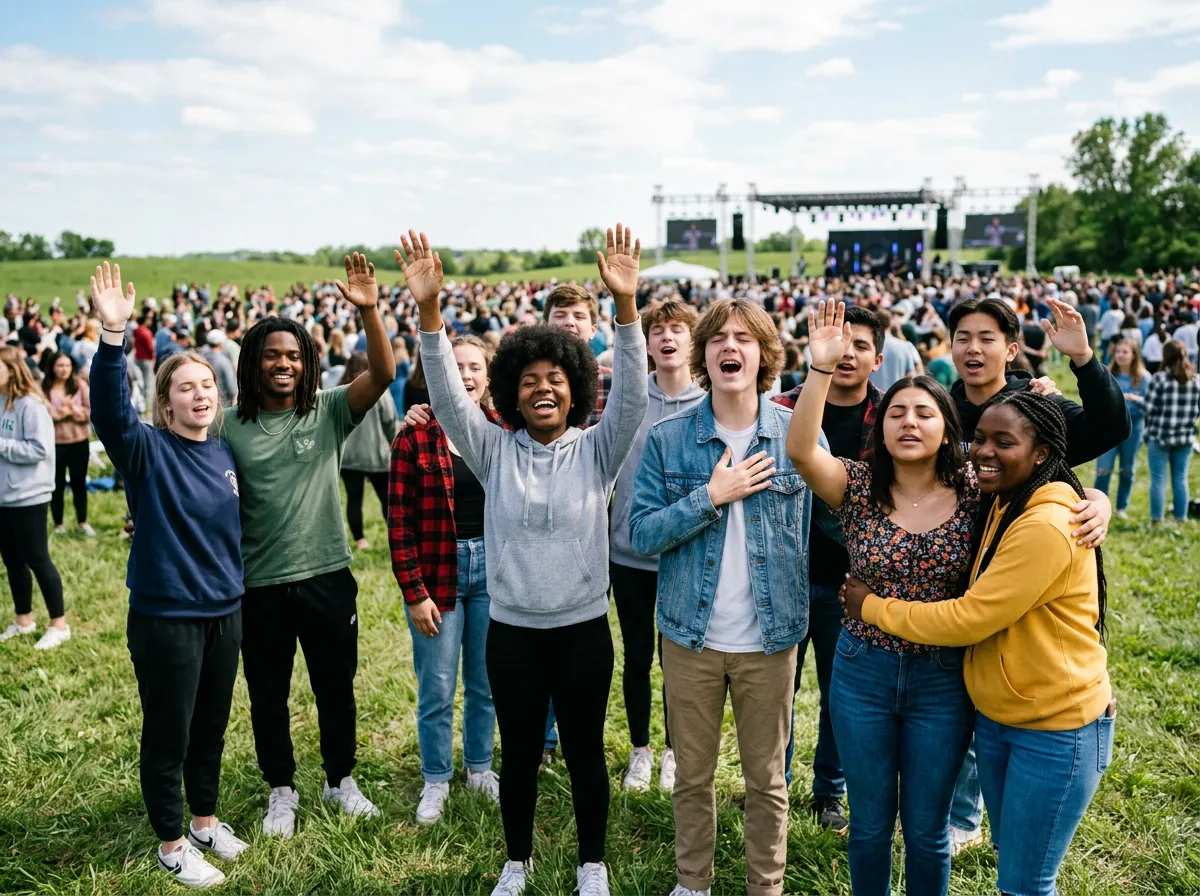 Diverse Christian youth and young adults worshipping outdoors together at True Vision Events, hands raised and singing with joyful expressions, with a larger crowd and distant stage in the background