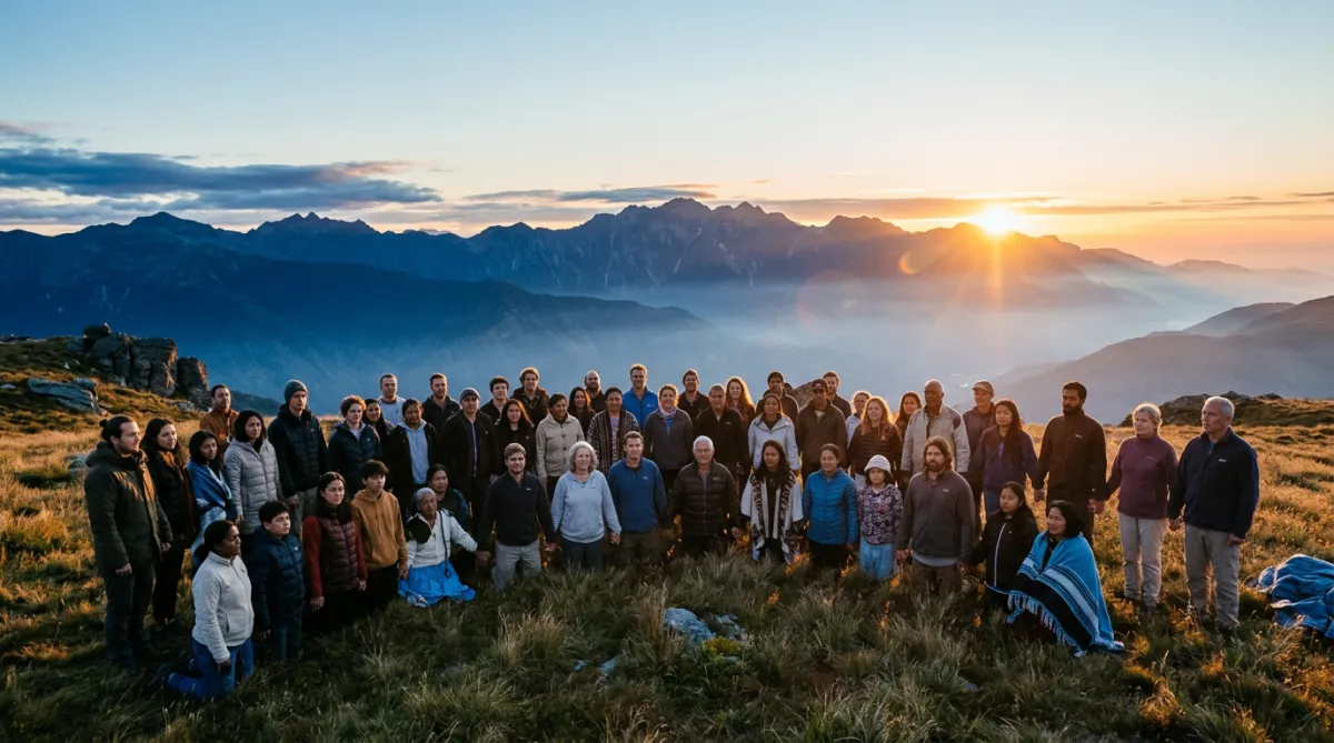 A diverse group of families and youth praying hand in hand under a wide open sunlit sky on a scenic mountain plateau