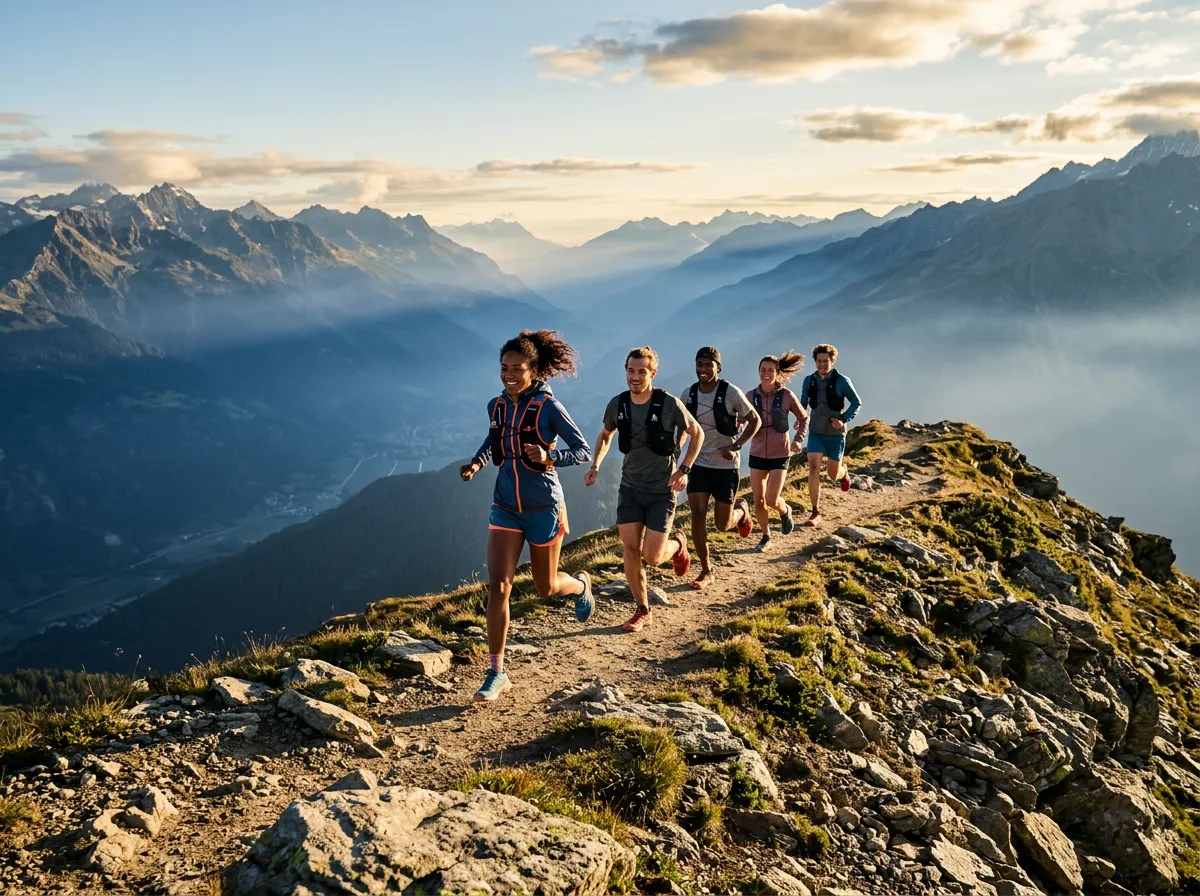Adventure trail runners sprinting across mountain ridges in morning golden light