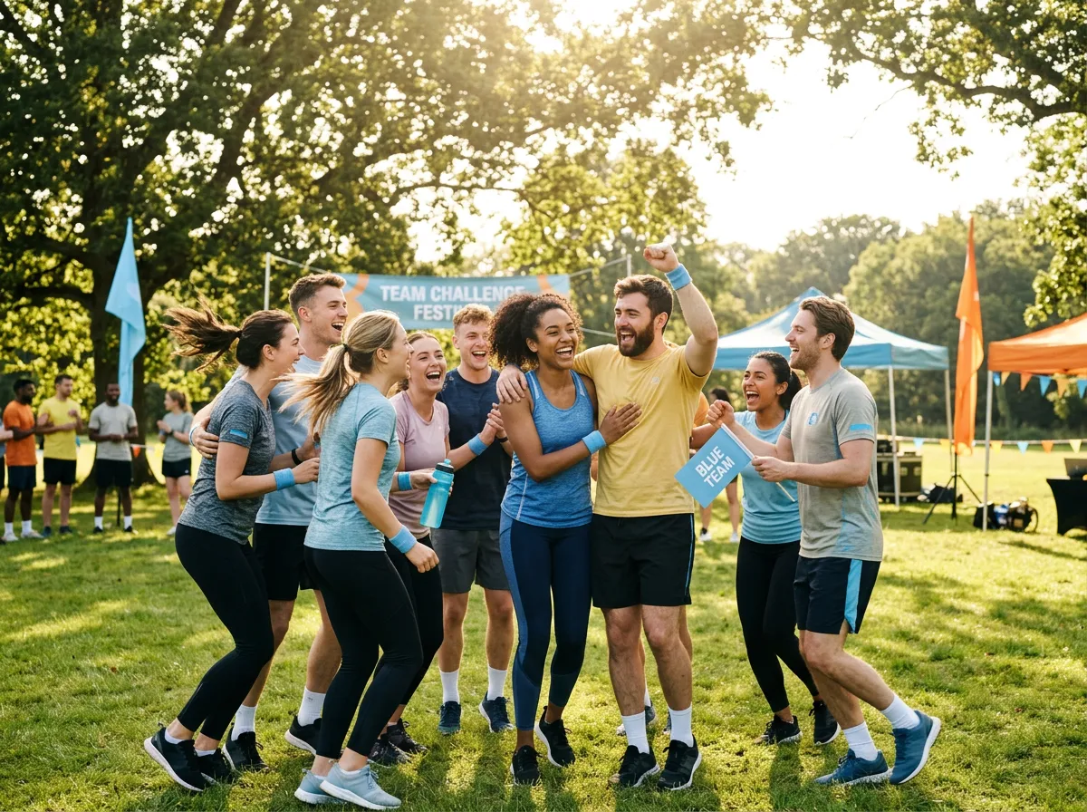 Joyful young adults in athletic wear celebrating during an outdoor obstacle challenge