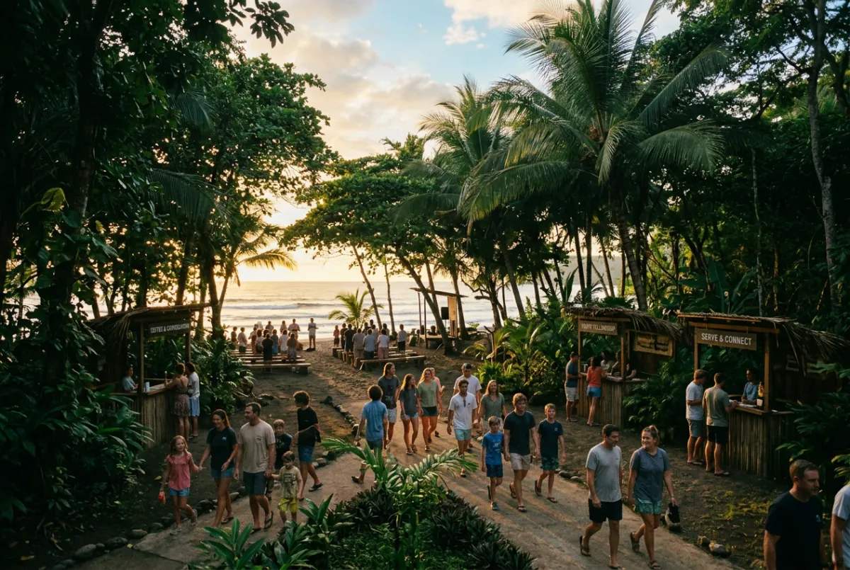 Lush green rainforest canopy and golden sunset beach along the Pacific Coast of Costa Rica