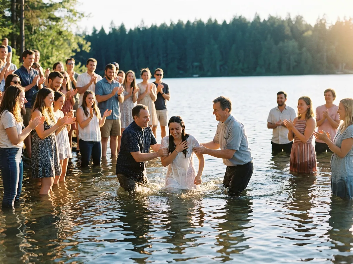 Joyful outdoor baptism in clear lake waters with supportive friends smiling and cheering on shore