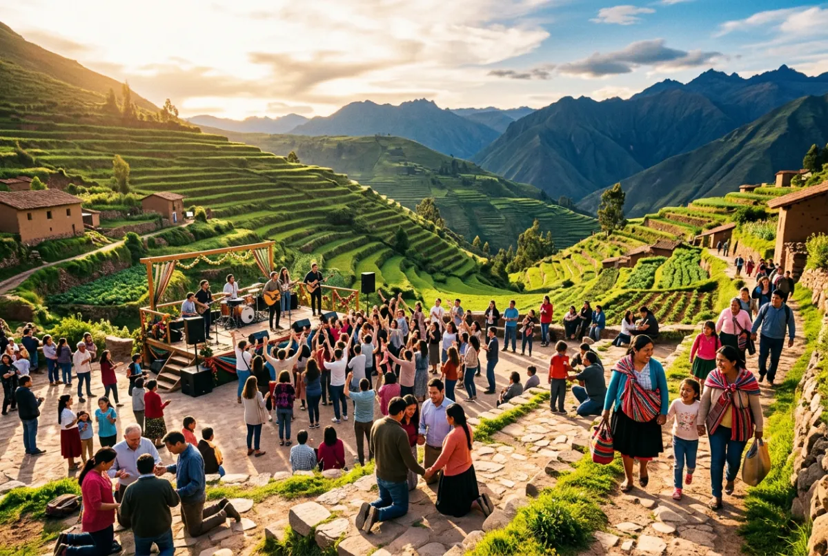 Historic mountain valleys and sun-drenched terraced hills in South America during a community fellowship journey