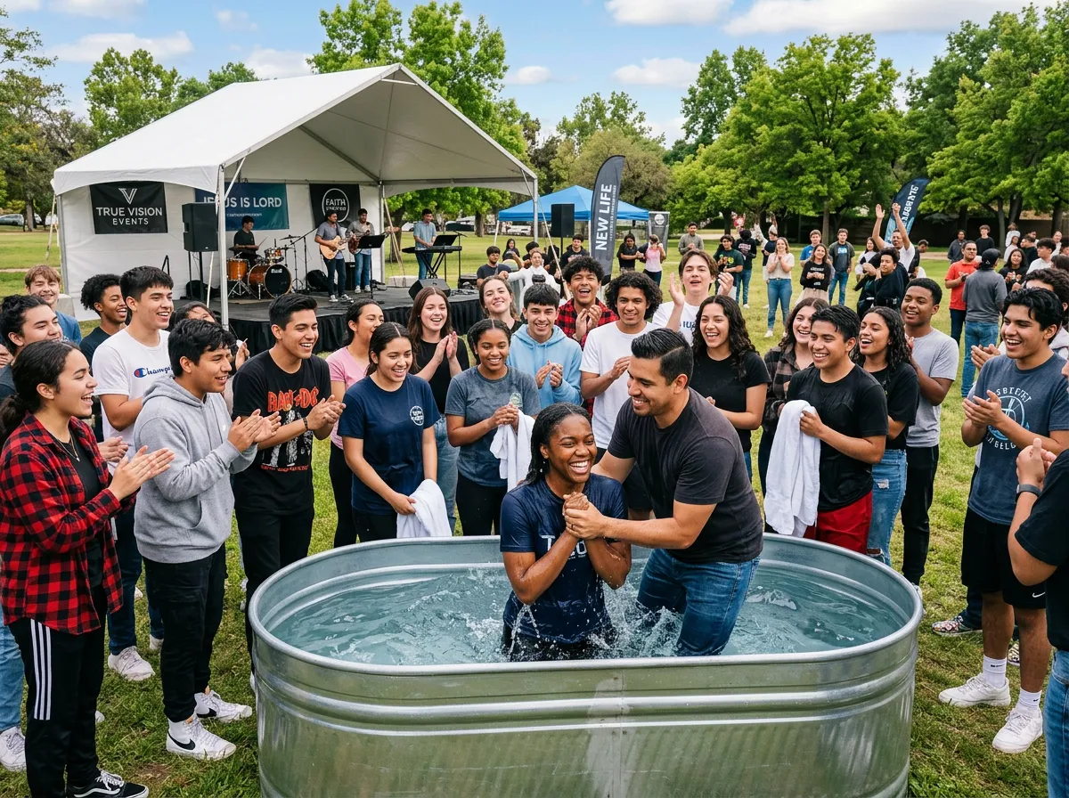 Joyful outdoor youth baptism in a galvanized metal stock tank at True Vision Events, with friends celebrating nearby
