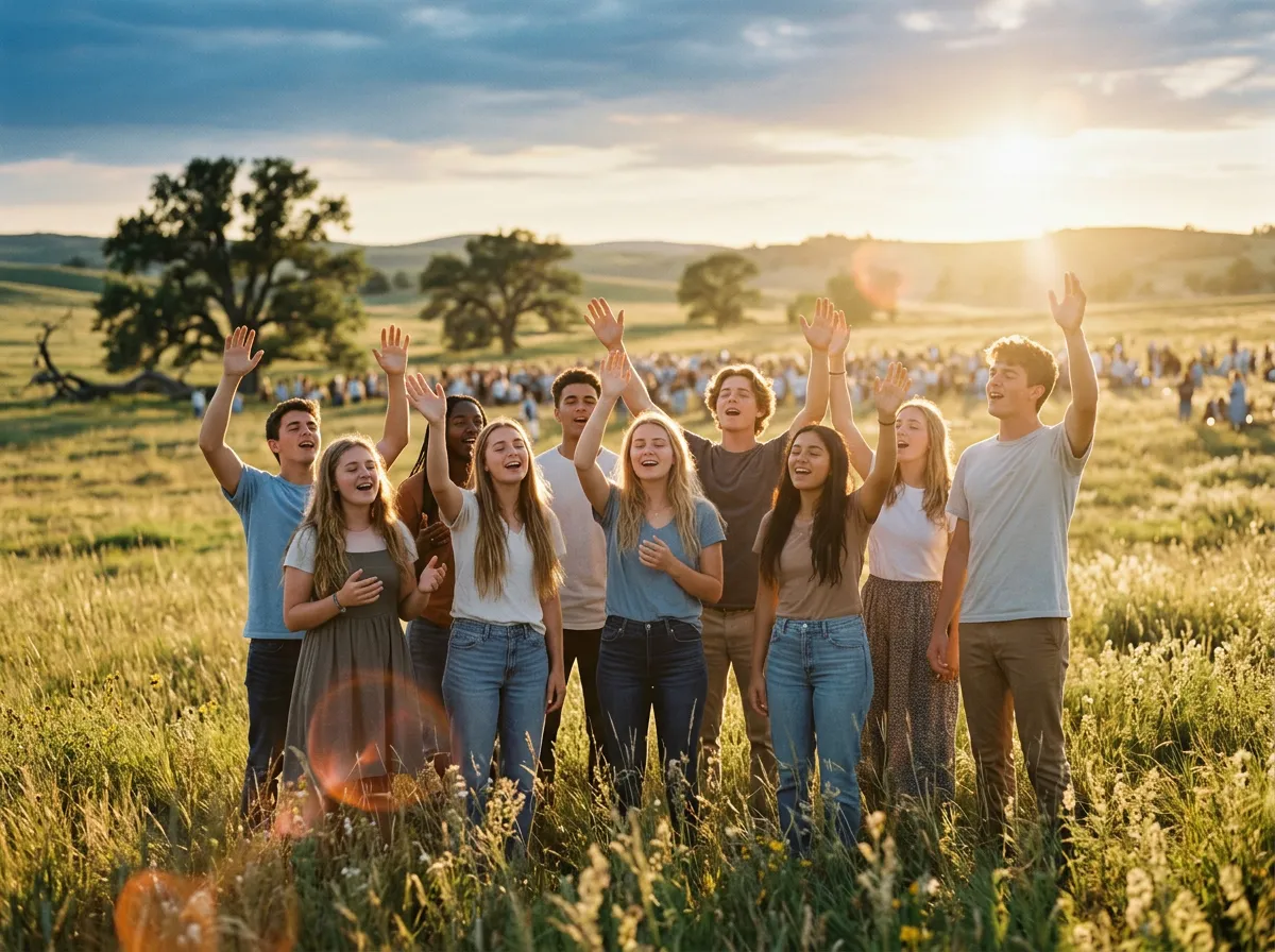 Joyful young worshipers with hands lifted during open-air sunlit festival praise session