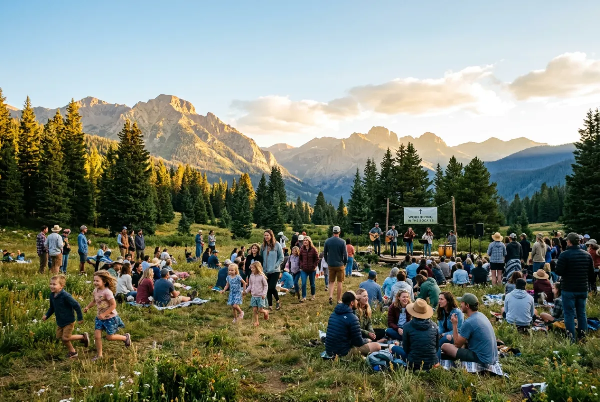 Sunlit mountain peaks and pine forests of Colorado Rocky Mountains during an outdoor gathering