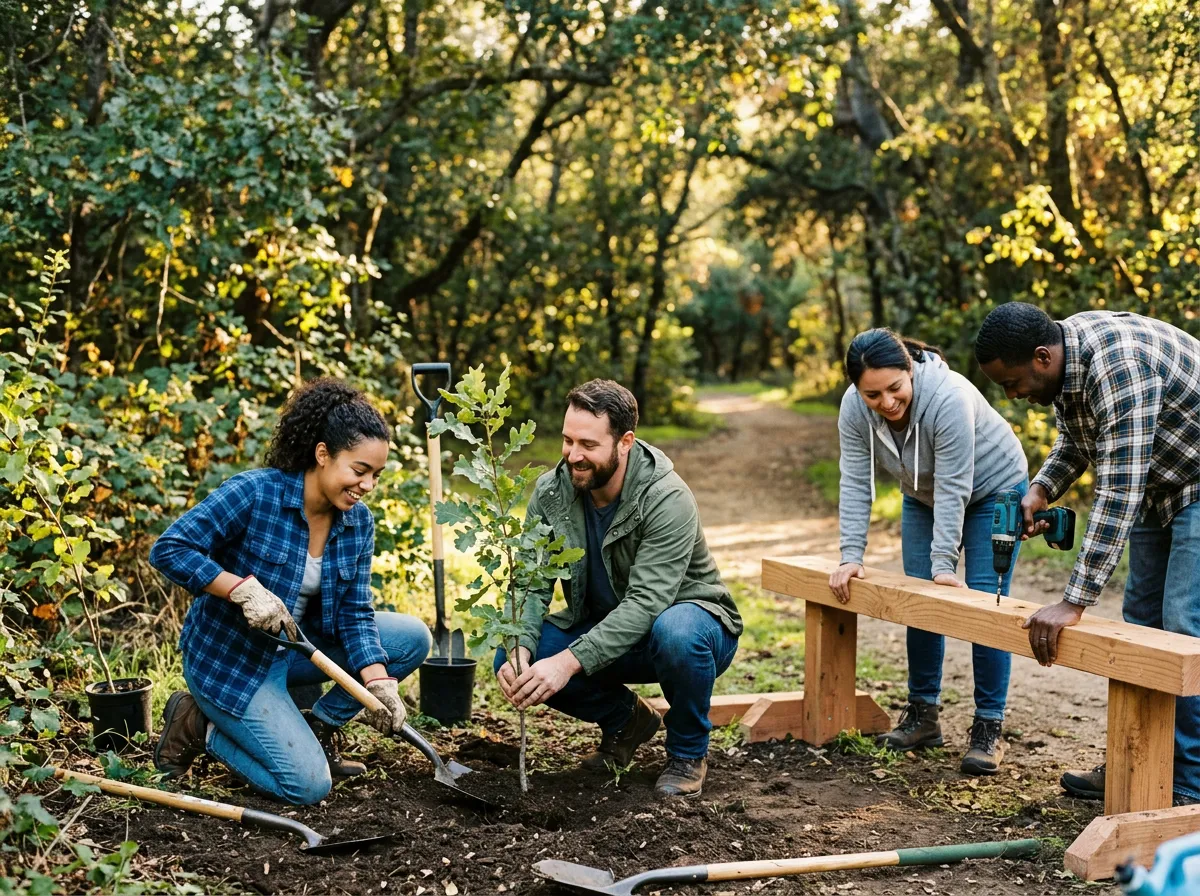 Community volunteers planting trees and building outdoor trail benches together in unity