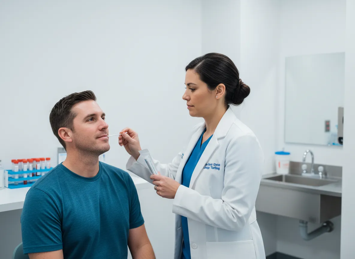 Clinician collecting DNA and drug testing samples in a diagnostics clinic